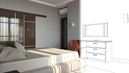 interior contour visualization, 3D illustration, sketch, outline