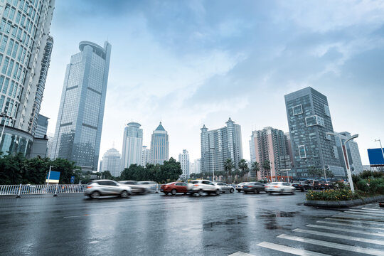 The city's tall buildings and high-speed cars, the urban landscape of Nanning, China.