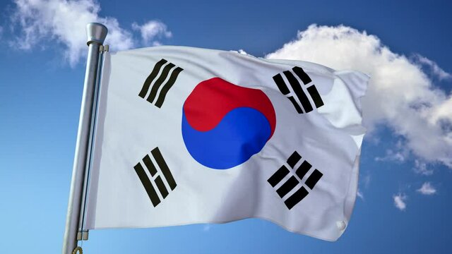 A closeup of the flag of the South Korea waving in the wind, under the blue sky and white clouds, realistic 3D animation 