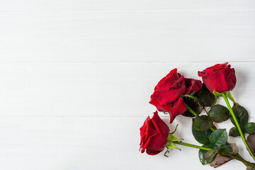 Red roses on a white wooden background. A fresh bright bouquet with drops of dew. Happy Valentine's Day, Happy Mother's Day. The concept of a Birthday, Anniversary, wedding. Top view, copy space