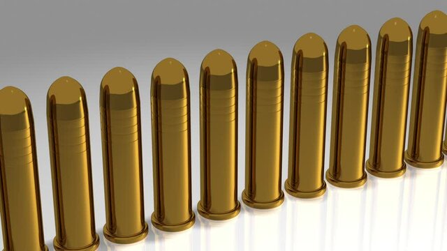 Row of Polished Brass Bullets Over Light Background - 3D Illustration - Seamless Loop