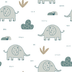 Cute nursery elephant seamless pattern with floral elements and with crayon texture. Hand drawn Scandinavian style vector illustration.