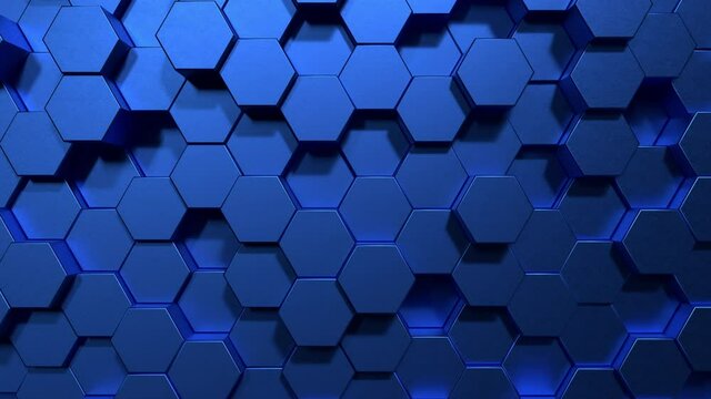 Blue hexagon honeycomb shapes matte surface moving up down randomly. Abstract modern style design background concept. 4K footage motion graphic video. Seamless looping