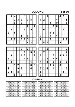 Four sudoku puzzles of comfortable (easy, yet not very easy) level, on A4 or Letter sized page with margins, suitable for large print books, answers included. Set 20.
