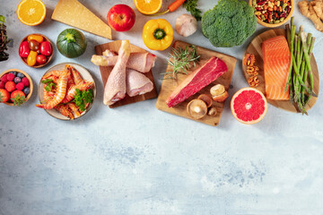 Food background, shot from the top with copy space. Meat and fish, seafood and poultry, fruit and vegetables and other products