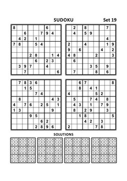 Four sudoku puzzles of comfortable (easy, yet not very easy) level, on A4 or Letter sized page with margins, suitable for large print books, answers included. Set 19.
