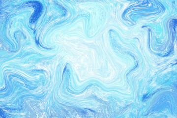 Obraz premium White and blue agate multicolored digital texture. Smooth marbling abstraction for wedding card. Digital suminagashi template. Pastel color liquid paint surface decoration for textile or stationery
