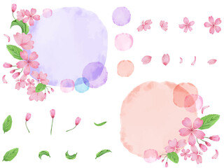 桜の水彩風手描きパーツ枠ベクター素材