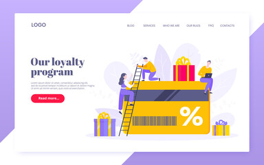 Get loyalty card and customer service business concept flat design vector illustration. Earn loyalty program points and get online reward and gifts. Tiny people with big card and gift box.