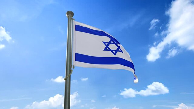 The flag of Israel waving in the breeze, under the blue sky and white clouds, realistic 3D animation 