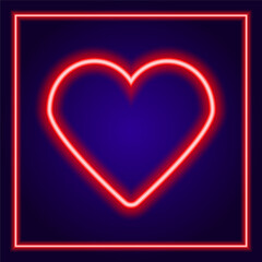 Bright red neon heart with square neon frame around . Heart sign on a dark blue background. The effect of neon glow. Vector
