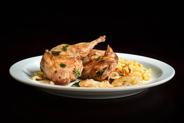 Quail fried in beurre noisette sauce and caramelized onion rings.