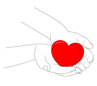 recommend clip art: Human hand line art holding red heart. Vector illustration.