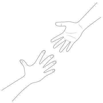 Hand reaching to each other. Helping hand. Close up body part. Love relationship teamwork together. line art, vector illustration.
