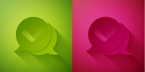 Fototapeta premium Paper cut Check mark in speech bubble icon isolated on green and pink background. Security, safety, protection, privacy concept. Tick mark approved. Paper art style. Vector.