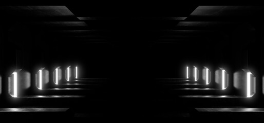 A dark corridor lit by white neon lights. Reflections on the floor and walls. 3d rendering image.