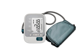 Blood pressure machine or Medical electronic tonometer on white background.