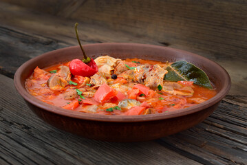 Traditional Hungarian chicken ventricles goulash soup.  Zuza perkelt.