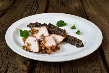 Sweet bread. Fried thymus gland with marinated mustard seeds and minced mushrooms - duxel.