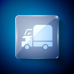 White Delivery cargo truck vehicle icon isolated on blue background. Square glass panels. Vector.