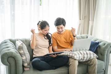 Happiness young couple relaxing time at home.