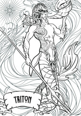 Merman or triton mythological ocean creature armed with trident and horn on a decorative seaweed background. Hand drawn artwork. Coloring book page. EPS10 vector illustration.