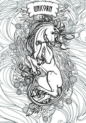 Unicorn laying on his back. Fantasy concept art for tattoo, logo, colouring books for kids and adults. Black and white drawing with decorative background. EPS10 vector illustration.