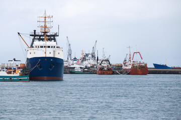 Industrial ships are moored in port of Reykjavik