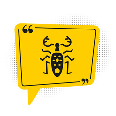 Black Beetle deer icon isolated on white background. Horned beetle. Big insect. Yellow speech bubble symbol. Vector.