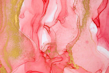 Abstract layers of red paint background. Pink and gold watercolor pattern.