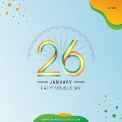 Indian Republic Day with 26 Tri colors Ribbon, Ashoka wheel on Sky Background.