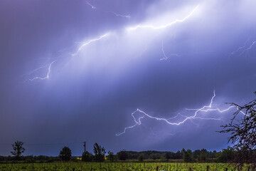 Huge thunderstorm with lightning bolts hits at night
