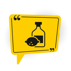 Black Limoncello bottle icon isolated on white background. Bottle of fresh homemade lemonade. Yellow speech bubble symbol. Vector.
