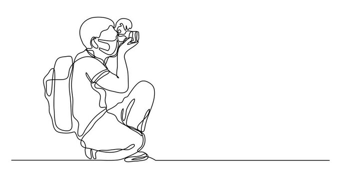 Self drawing continuous line animation of amateur photographer wearing face mask making pictures