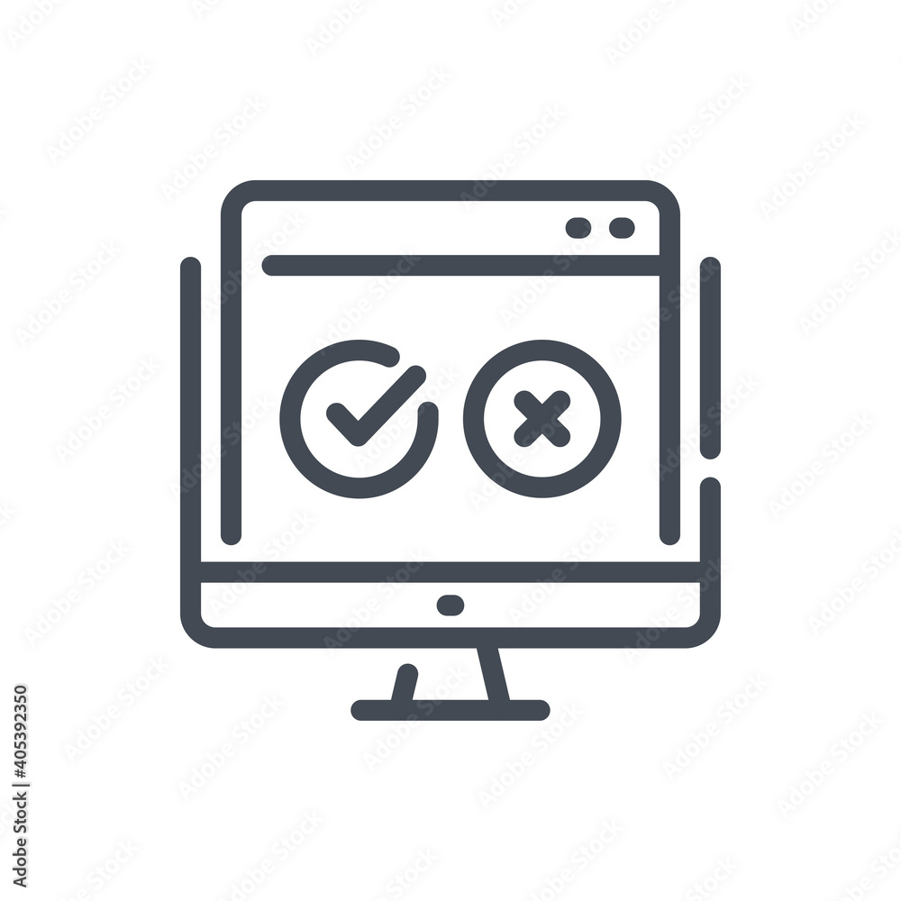 Poster online survey line icon. computer with open tab and checklist vector outline sign.