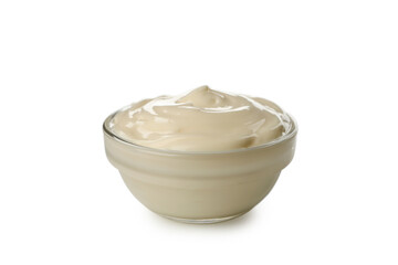 Bowl with mayonnaise isolated on white background
