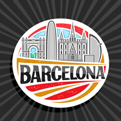 Image of Vector logo for Barcelona, white decorative tag with outline illustration of barcelona city scape on day sky background, art design tourist fridge magnet with unique lettering for black word barcelona printed on Printed Glass Splashbacks