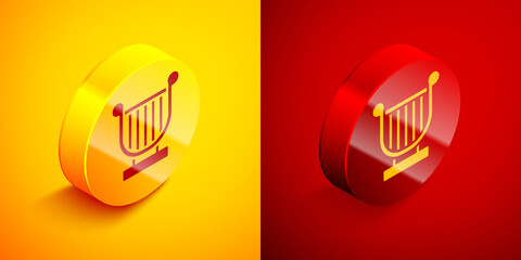 Isometric Ancient Greek lyre icon isolated on orange and red background. Classical music instrument, orhestra string acoustic element. Circle button. Vector.