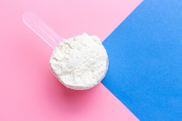 Protein and scoop on blue and pink background, top view.