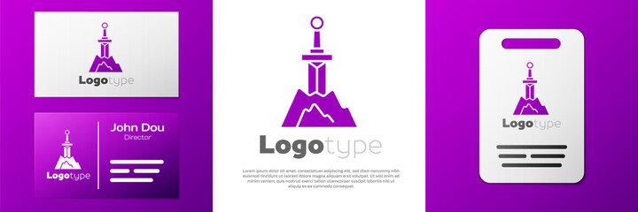 Logotype Sword in the stone icon isolated on white background. Excalibur the sword in the stone from the Arthurian legends. Logo design template element. Vector.