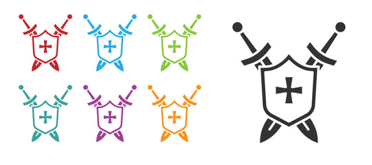 Black Medieval shield with crossed swords icon isolated on white background. Set icons colorful. Vector.