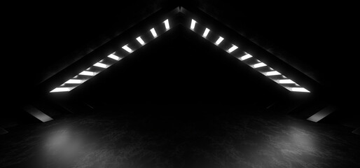 Obraz premium A dark corridor lit by white neon lights. Reflections on the floor and walls. 3d rendering image.