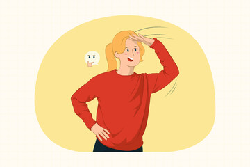 Curious young woman hold hand at forehead looking far away distance concept