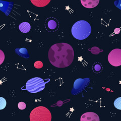 Galaxy colourful seamless pattern for textile or print wallpaper, space vector concept with planets, stars and spaceships, astronomical design