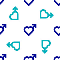 Blue Heart with male gender symbol icon isolated seamless pattern on white background. Vector.