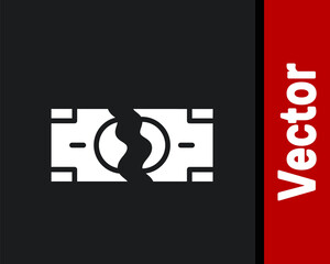 White Tearing apart money banknote into two peaces icon isolated on black background. Vector.