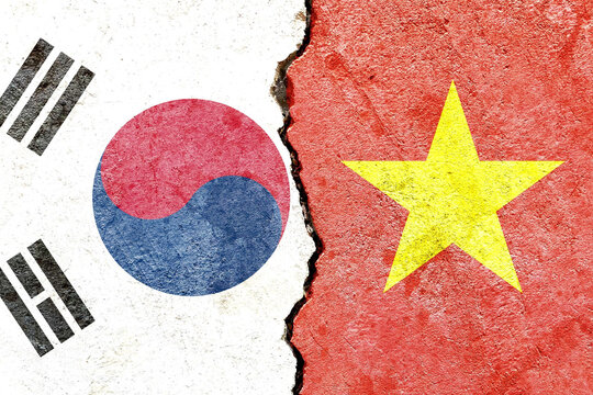 View of South Korea VS Vietnam national flags isolated on broken cracked concrete wall background