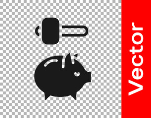 Black Piggy bank and hammer icon isolated on transparent background. Icon saving or accumulation of money, investment. Vector.