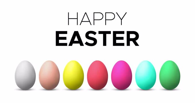 Happy Easter Text with Animated Colorful Eggs Isolated on White Background