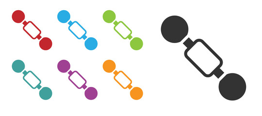 Black Dumbbell icon isolated on white background. Muscle lifting icon, fitness barbell, gym, sports equipment, exercise bumbbell. Set icons colorful. Vector.